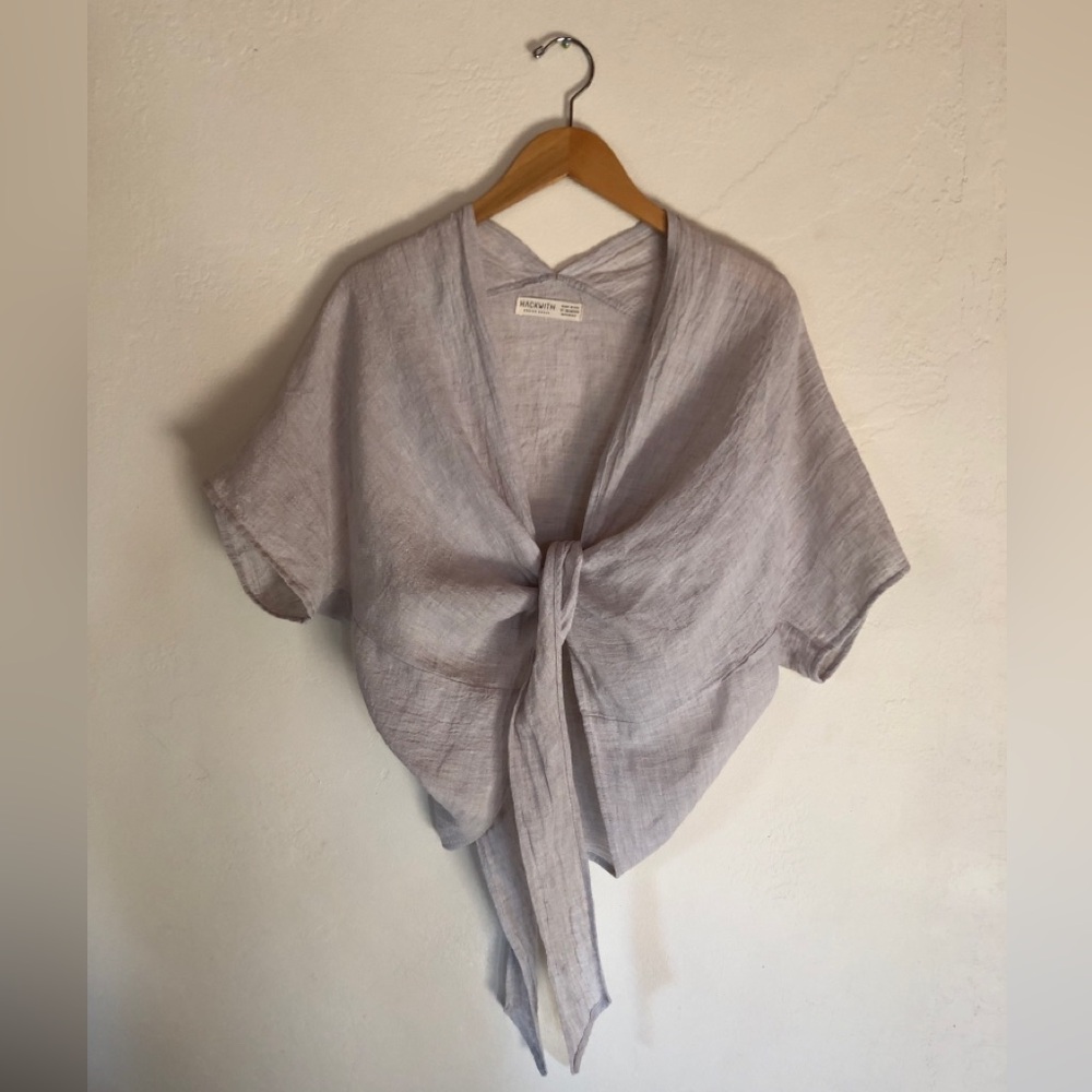 Hackwith Design Knot-tie Rrap top Linen Gauze in Grey-Blue XS/S